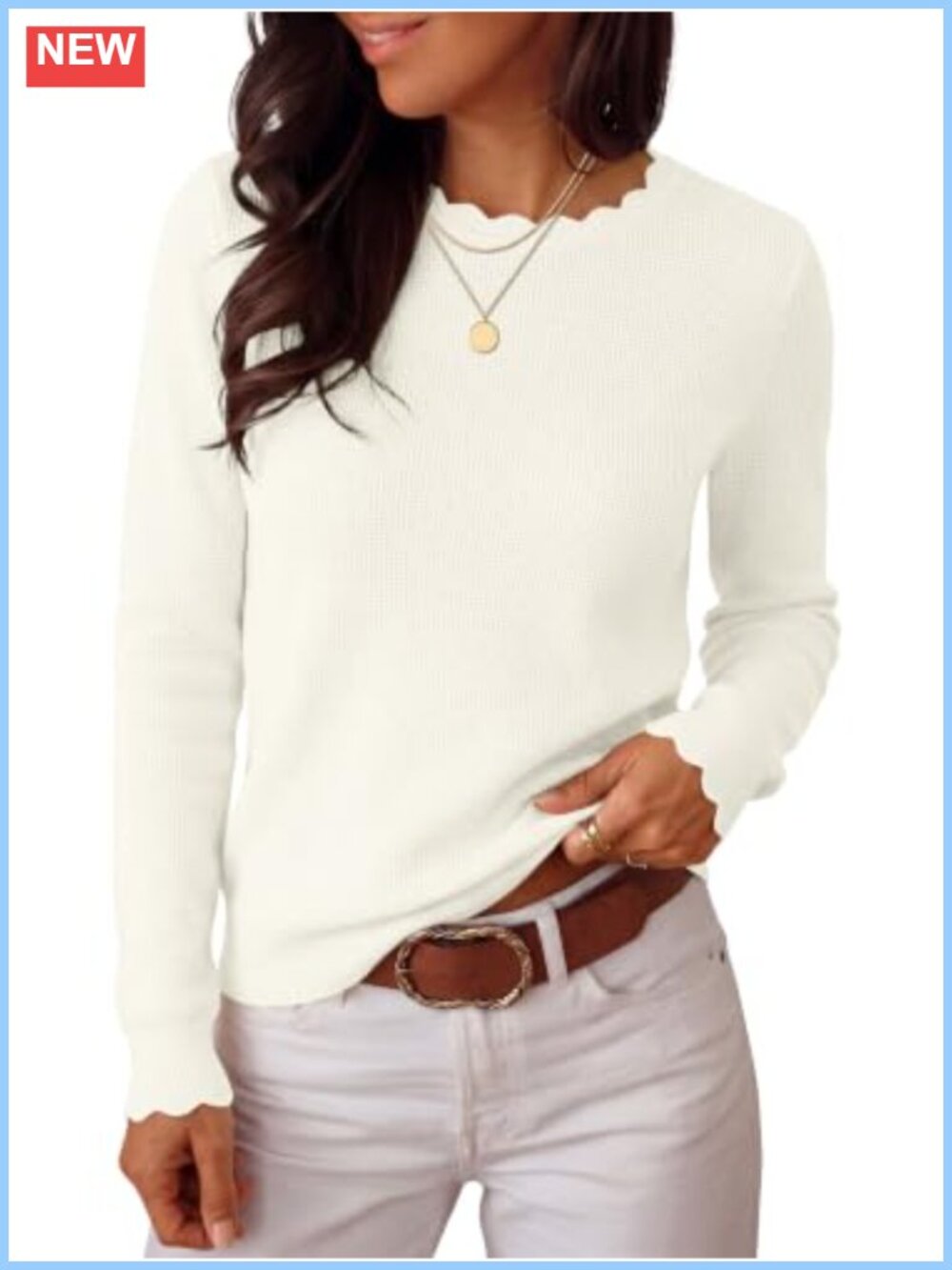 Women's Scalloped Neck Long Sleeve Waffle Knit Sweater Lightweight Fall Layering